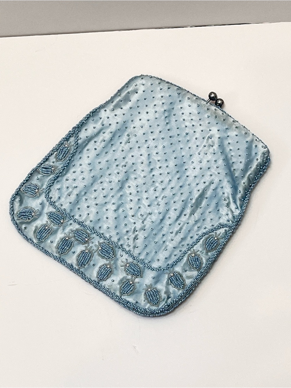 Vintage Light Baby Blue Beaded Satin Evening Bag Handbag Made in Hong Kong Vtg